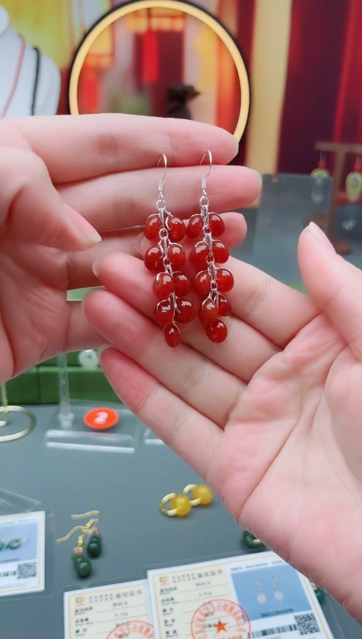 未镶嵌耳钉玛瑙/玉髓大红算盘珠流苏