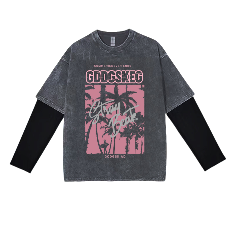 【长袖-椰树英文】长袖t恤男春秋美式高街潮牌圆领重磅宽松假两件