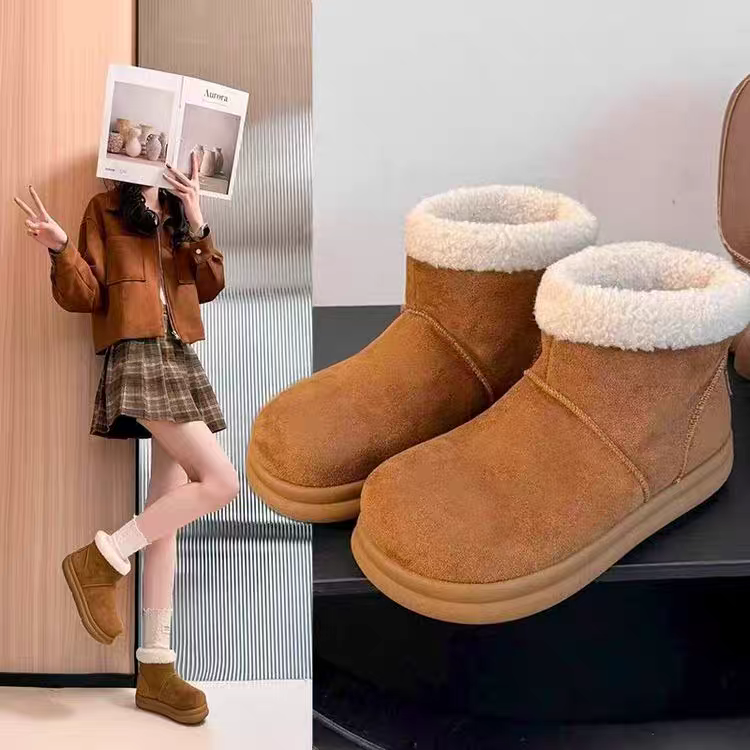 加绒雪地靴女冬季保暖棉鞋平底勃肯鞋一脚蹬短靴