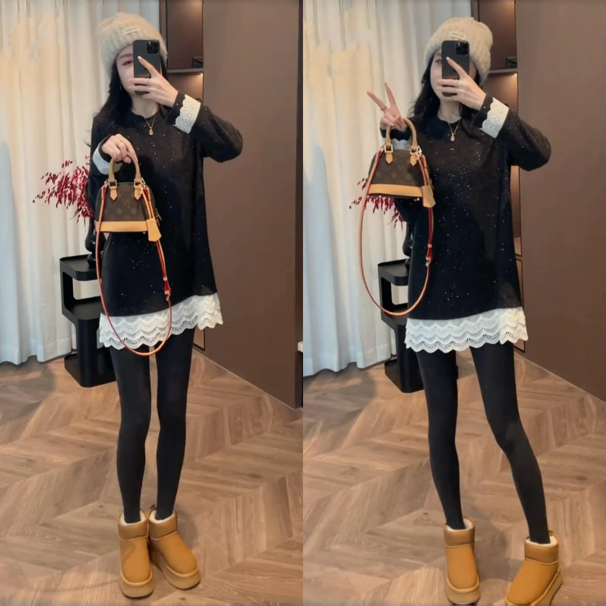 中长款蕾丝拼接亮丝磨毛打底T恤女秋冬遮屁股宽松假两件长袖上衣