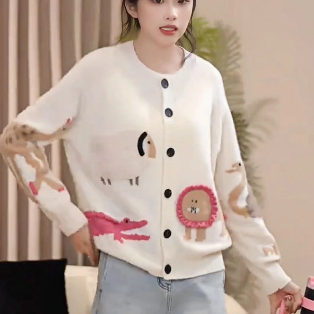 2025秋冬新款卡通针织开衫女宽松慵懒风