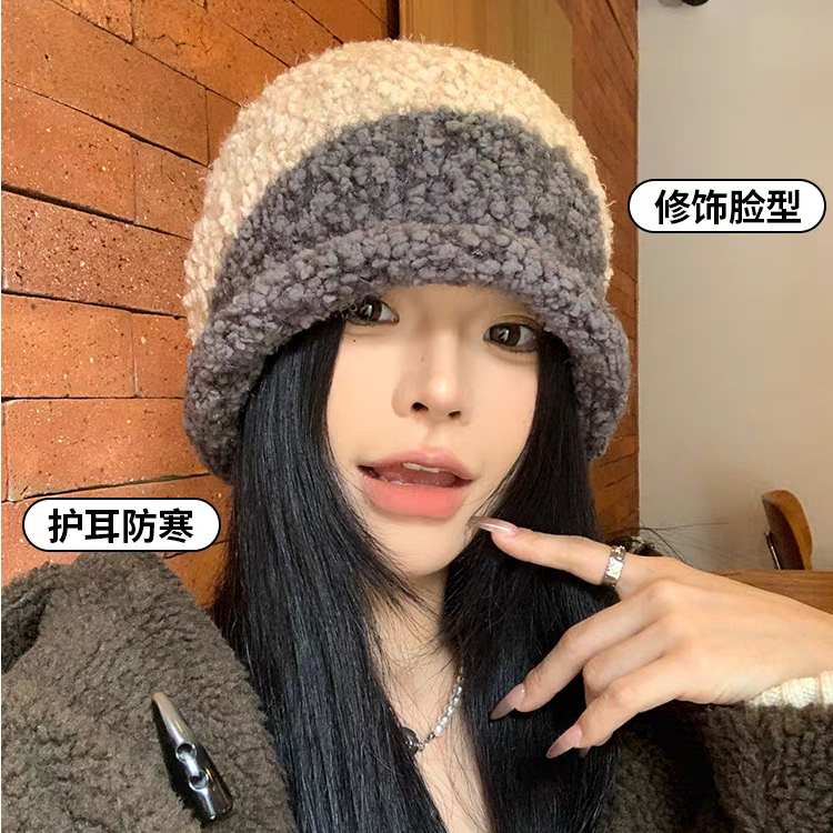 网红款拼色羊羔绒套头帽女ins风冬季氛围百搭显脸小保暖护耳冷帽