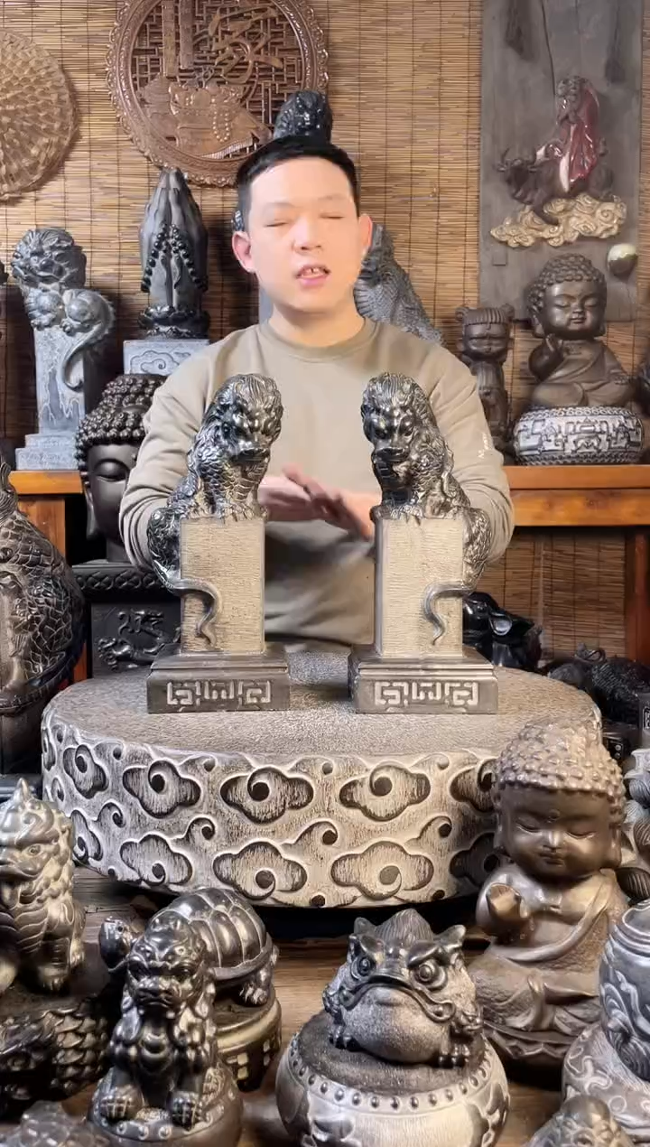 【闪购商品】33吸水兽立柱一对天然青石雕刻
