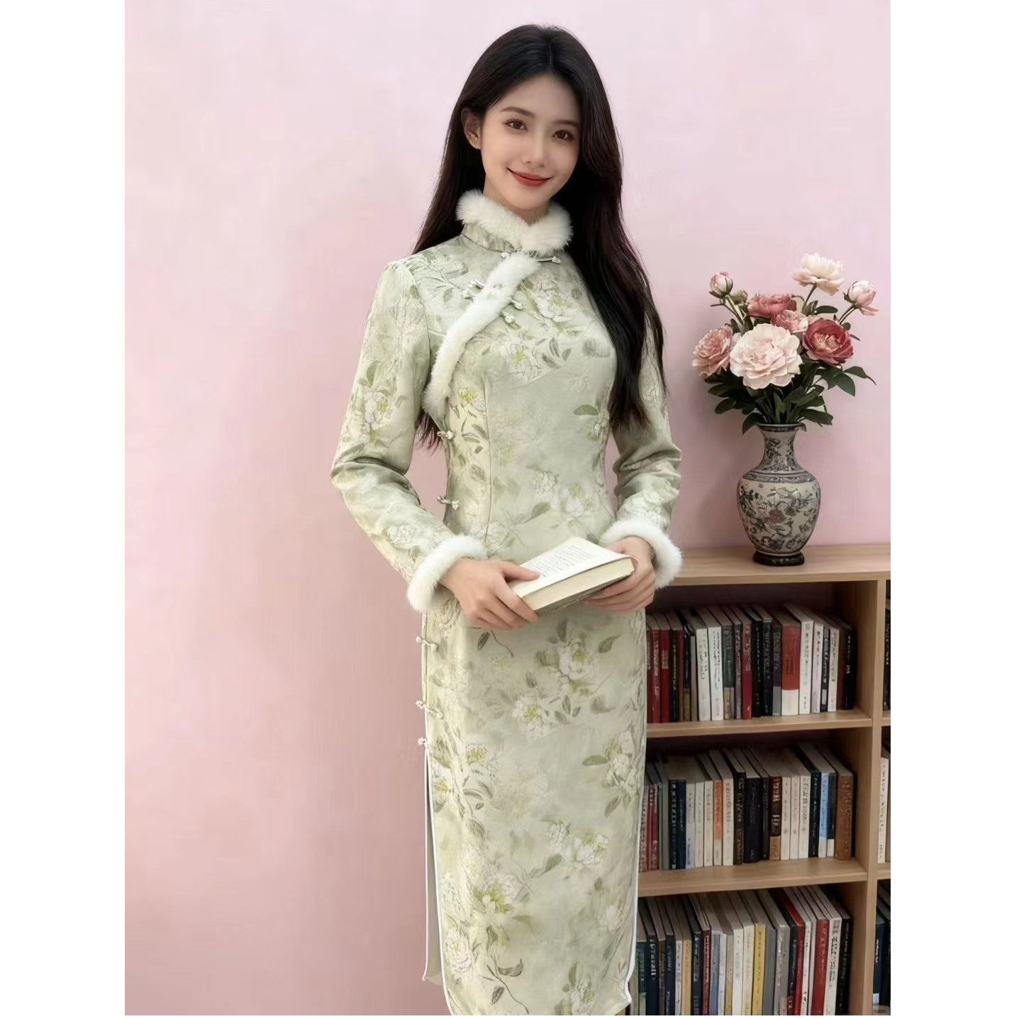 946-绿色 郁金香 年轻 毛领 旗袍 