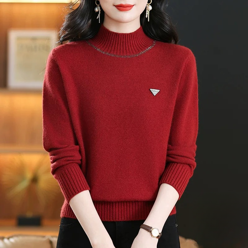 黛妍843冬季新款藏羊绒保暖加厚半高领领口钻针织上衣