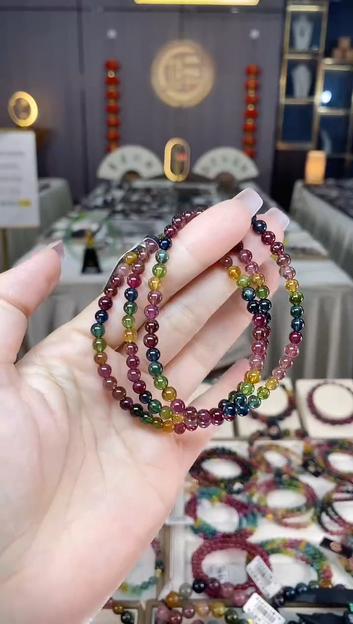 未镶嵌冰透净体老矿碧玺彩虹三圈手串4mm+碧玺hon多样性发一条