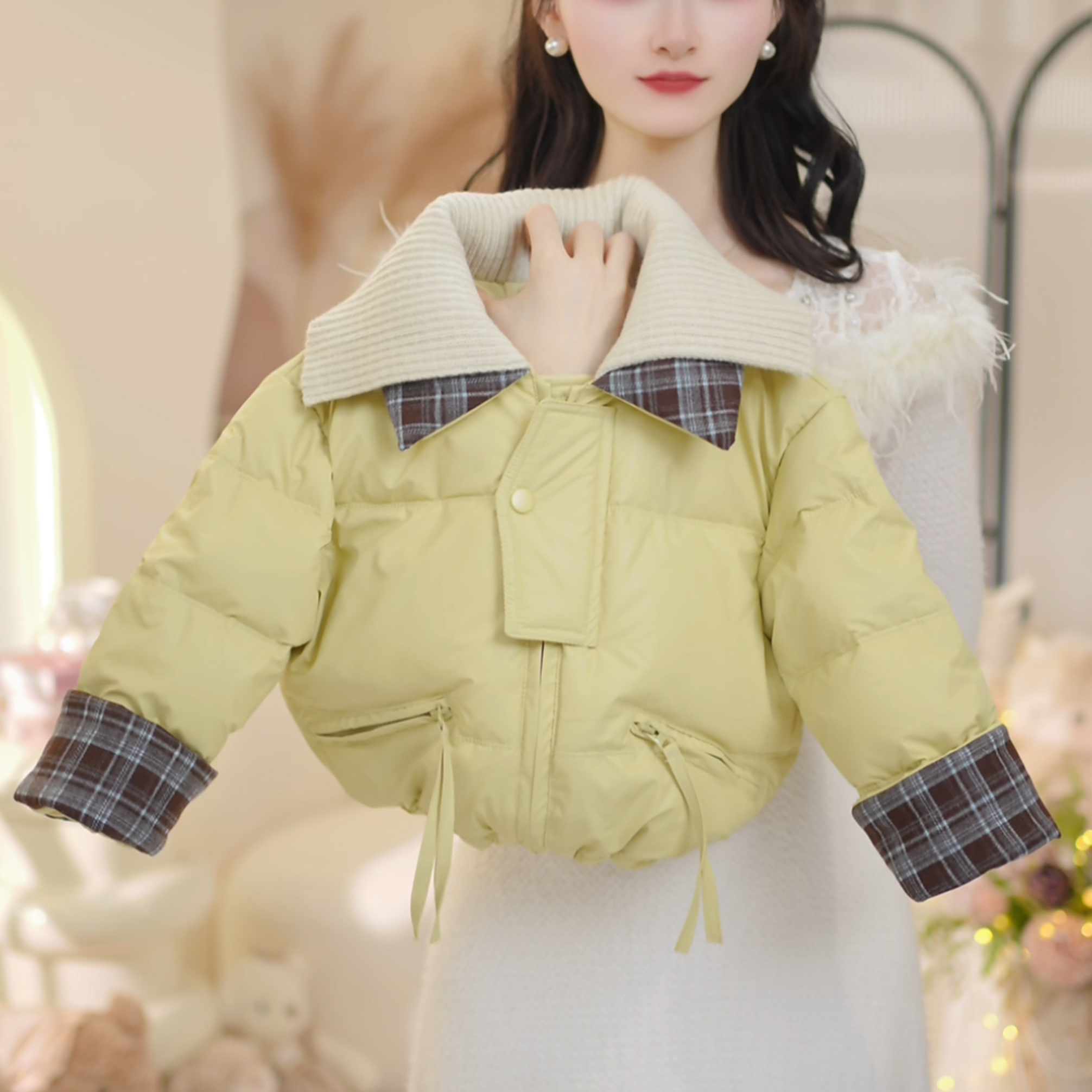 【现货】2026冬季新款洋气百搭拼接格子夹棉加厚棉服C25132
