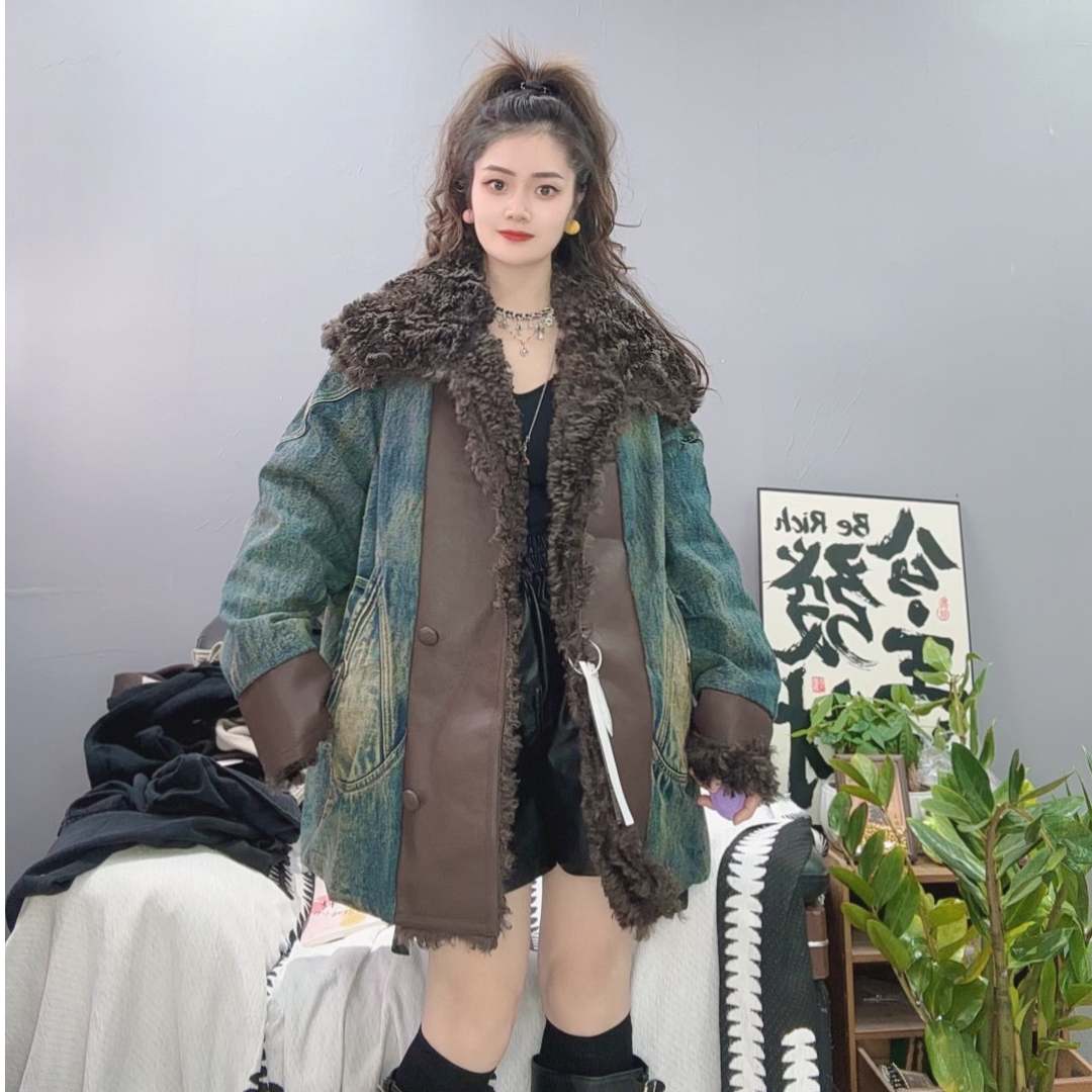 LY家808#水 冬季V领羊羔毛牛仔拼接YURONG休闲百搭外套