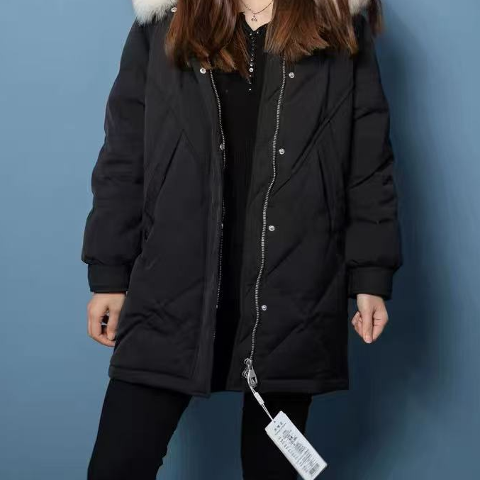 可拆卸毛领中长款黑色羽绒服2511021320