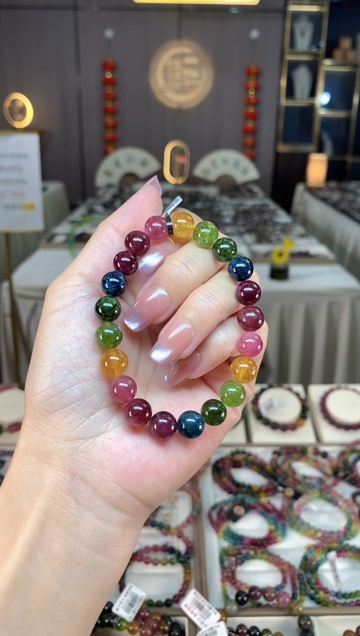 未镶嵌冰透体老矿碧玺彩虹单圈手串9mm+碧玺hon多样性发一条
