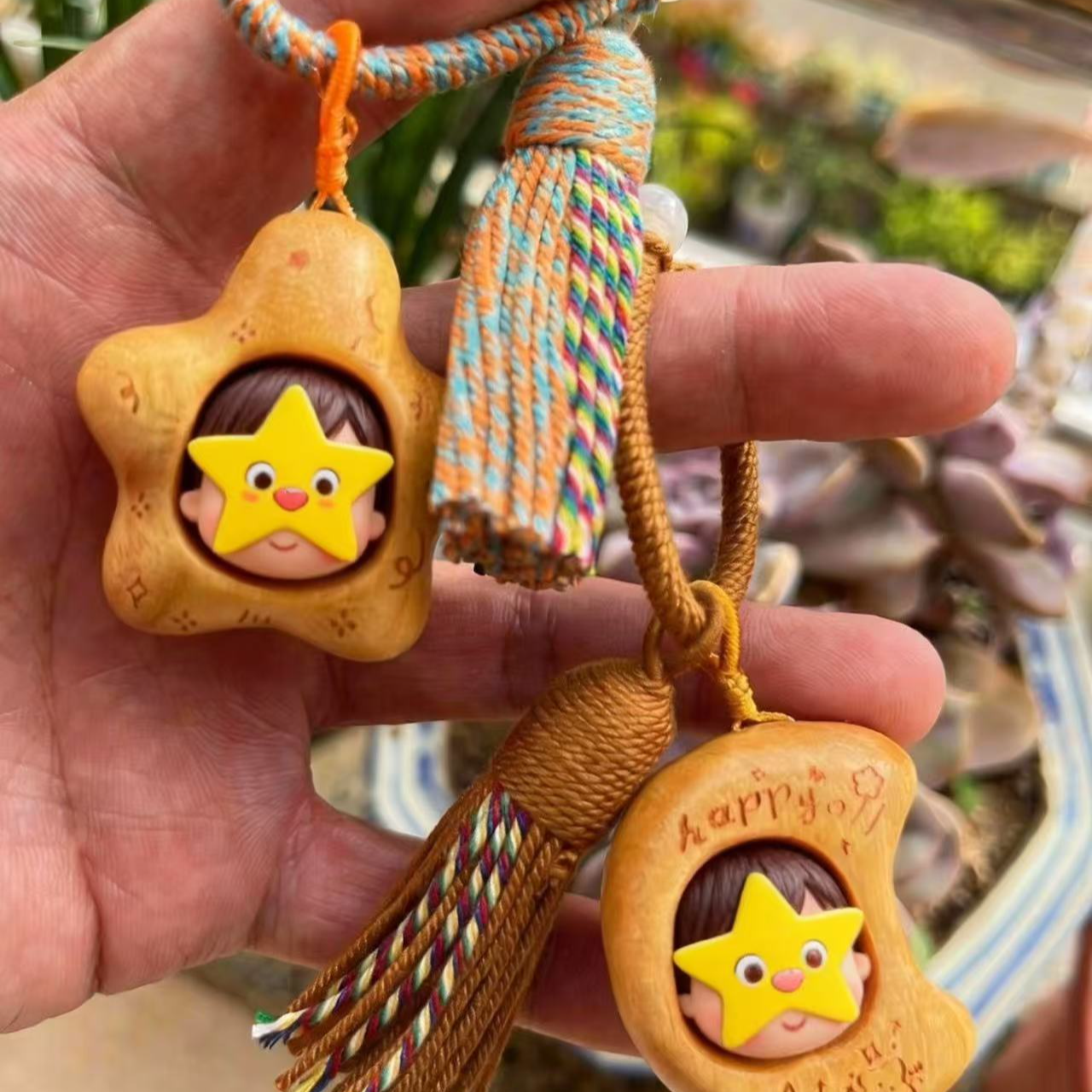 实木五角星挂件钥匙扣双面