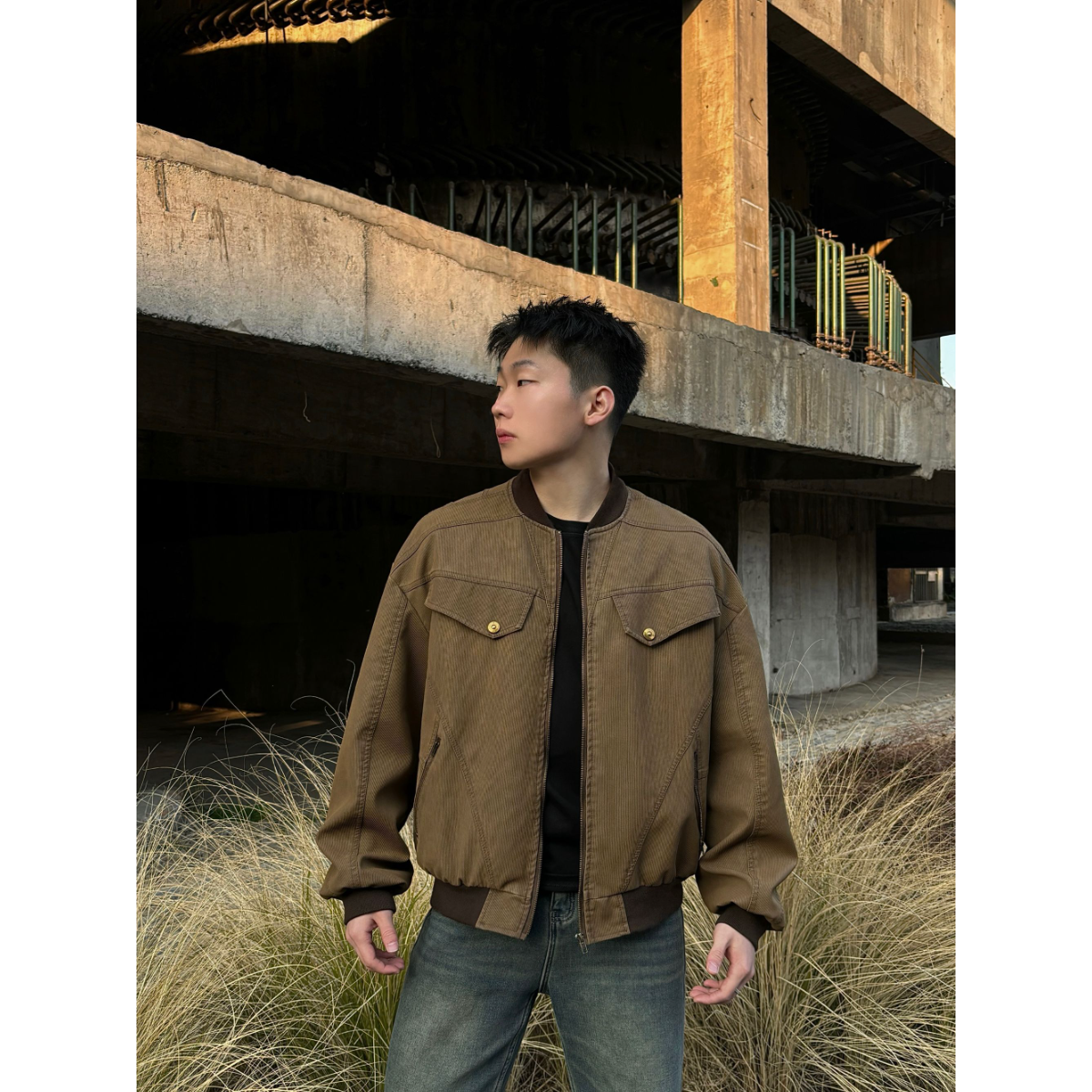 JH新款PU皮哈灵顿复古做旧短款棒球领外套