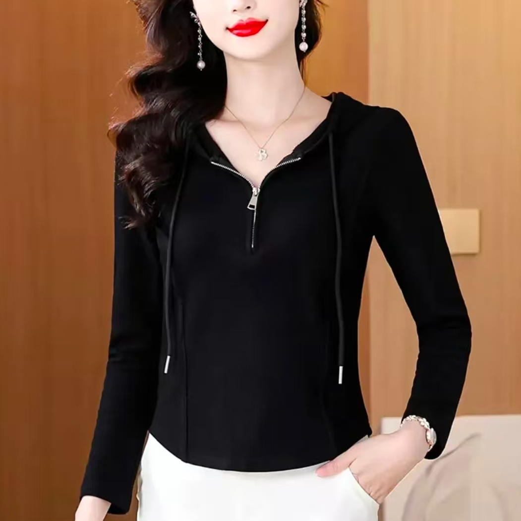 2025秋冬新款长袖连帽打底衫时尚百搭洋气女士显瘦上衣9863长53