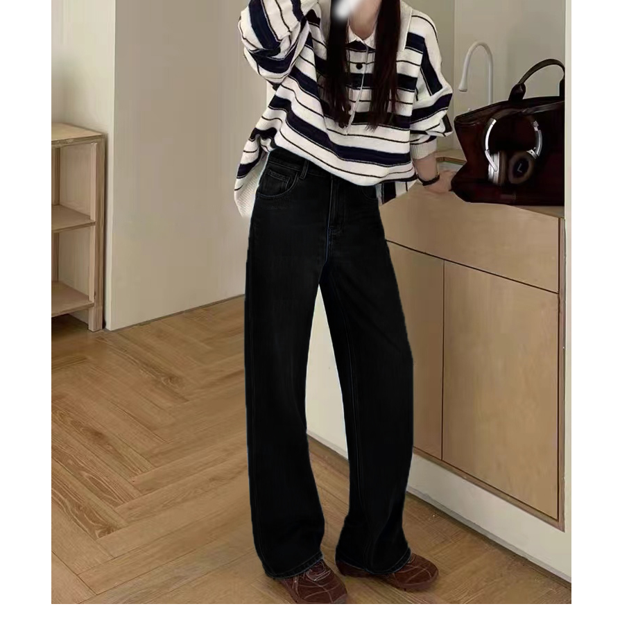 SU【900】代 A9  愫雪 加绒直筒女冬款蓝色黑色弹力窄版拖地阔腿裤