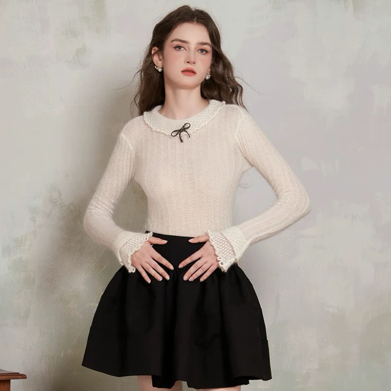 高级感超好看的针织衫2025秋冬新款少女荷叶领蝴蝶结修身内搭上衣
