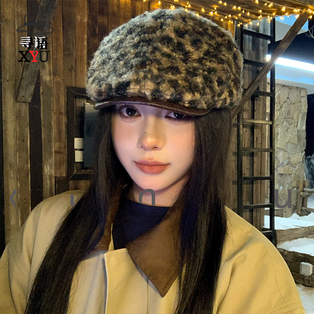 [寻语]复古豹纹毛绒前进帽女士秋冬季帽子大头围显脸小辣妹贝雷帽