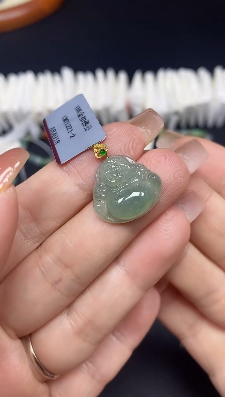 吊坠(不含链)18K金镶嵌翡翠佛公18K金扣镶嵌@@CMT1221-2