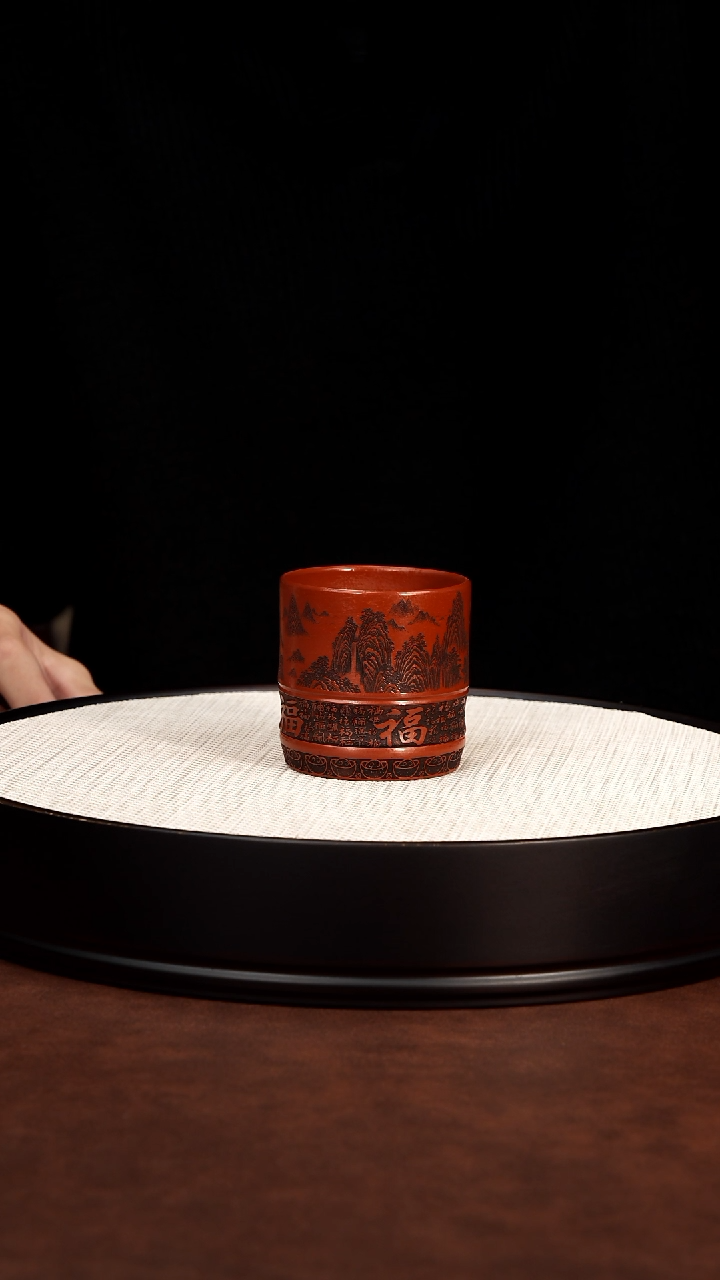 茶壶紫砂朱泥山水直筒百福杯