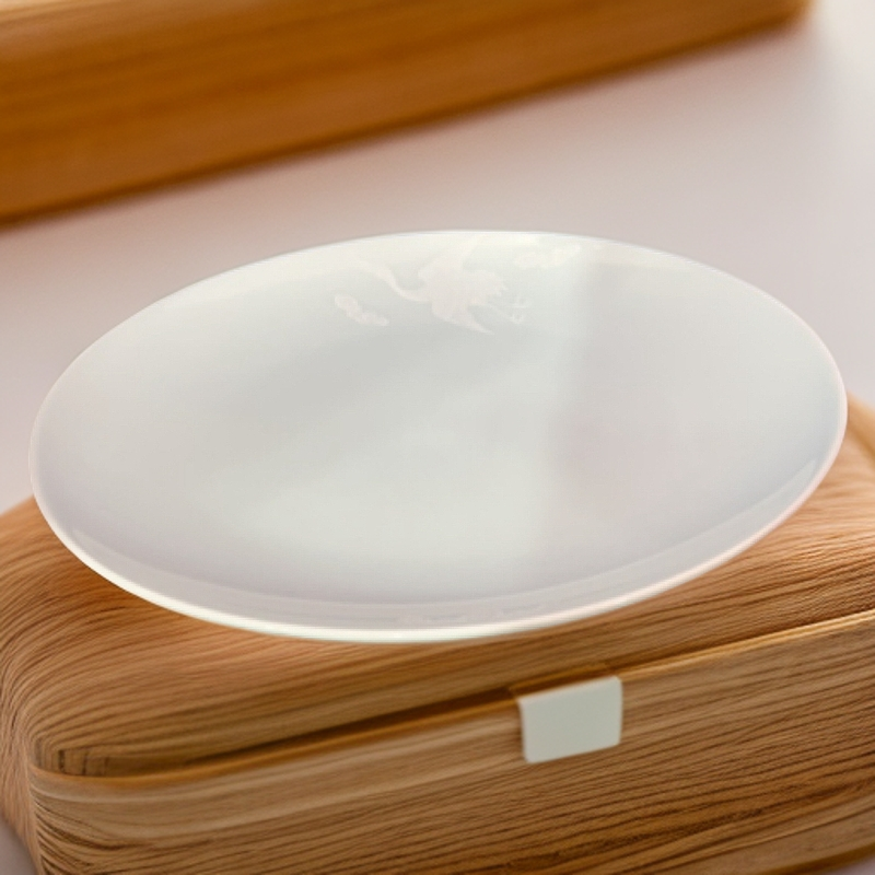 景德镇陶瓷影青釉10寸仙鹤堆雕窝盘 建国