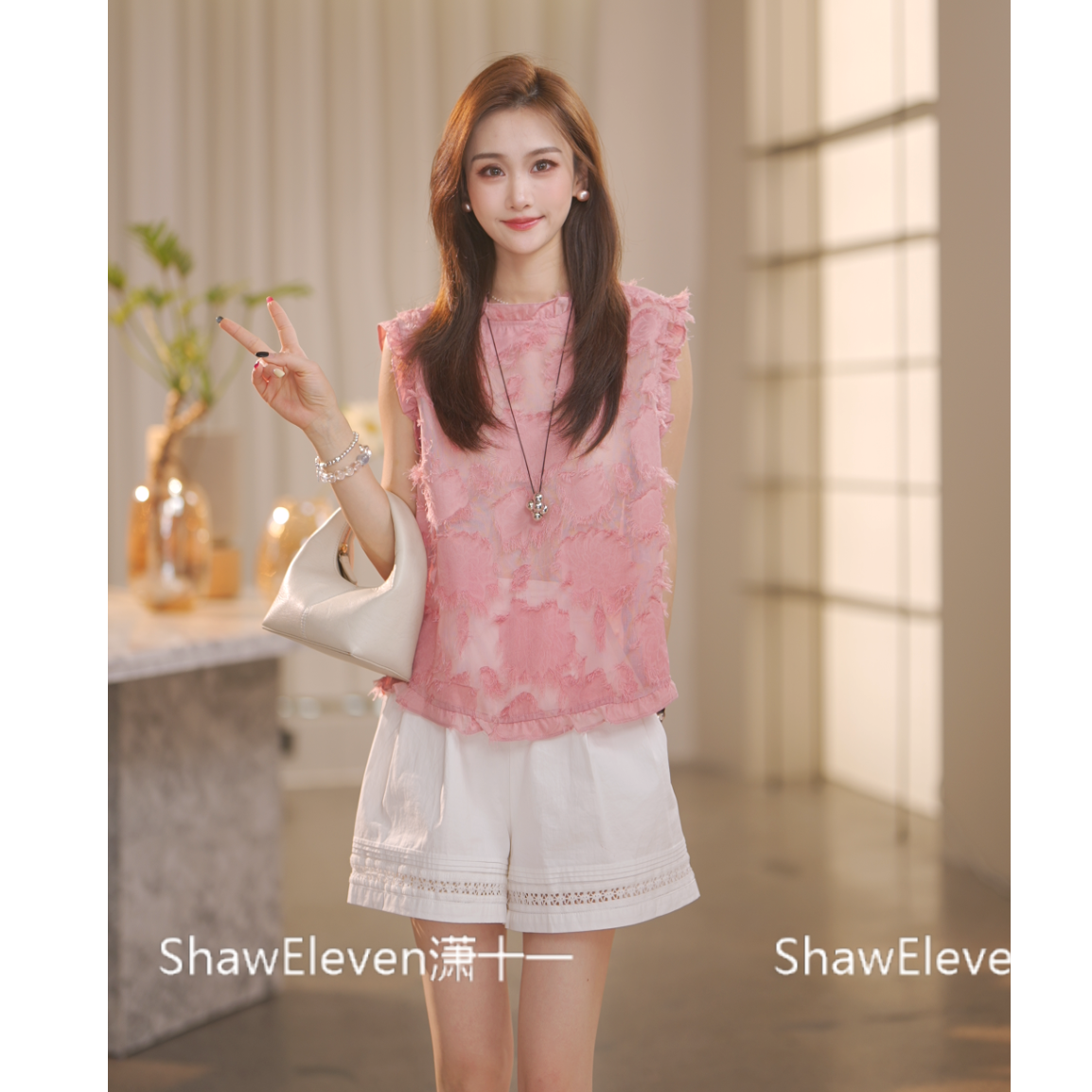 【Shaw Eleven】夏季无袖森系宽松型时尚木耳边吸汗衬衫881106