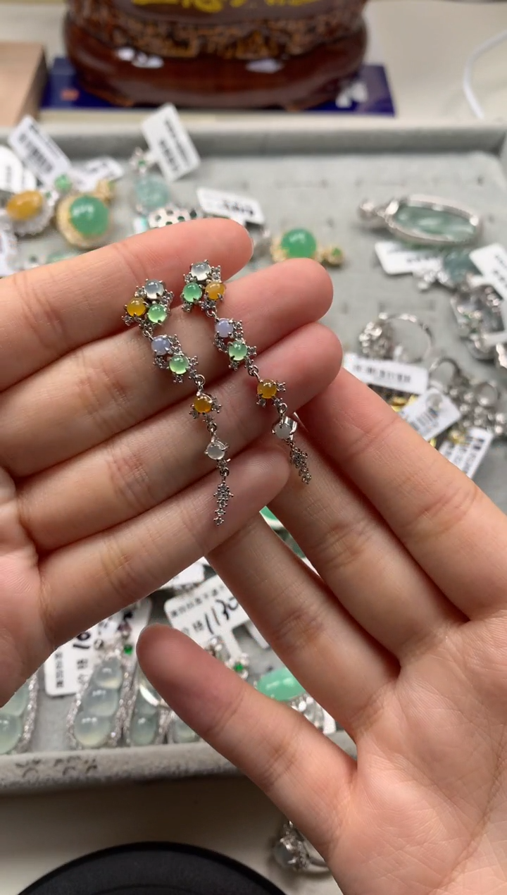 银S925镶嵌戒指翡翠三****?耳饰