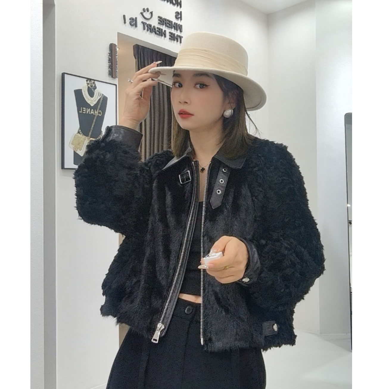 大胡子25年新款方领拉链水貂拼皮毛一体轻奢外套95151