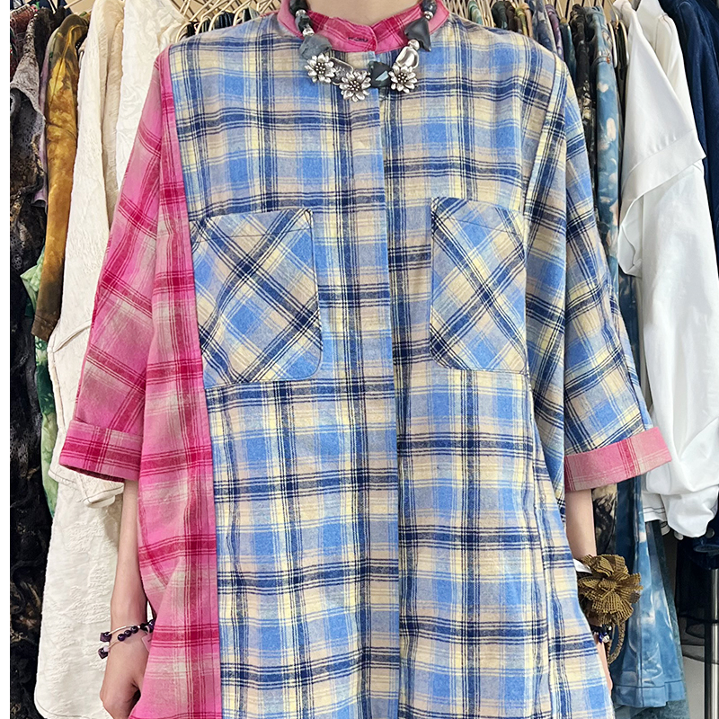 短袖格纹翻领夏季格子落肩袖衬衫衬衣外套百搭春季长款