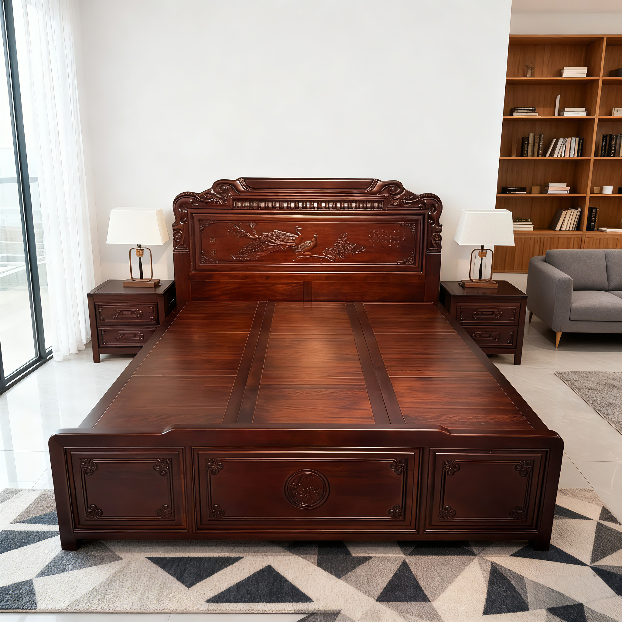 【孔雀】南美檀木1.8米抽屉储物高箱双人床主卧古典雕花大床