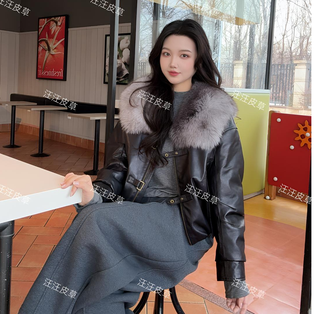 WW新款进口油蜡小羊皮搭配披肩狐狸毛领 皮羽绒短款欧货外套  