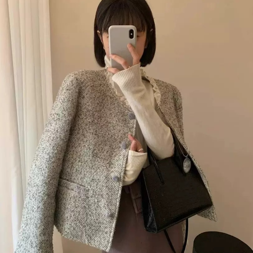 羊毛充棉加厚小香风外套女蕾丝花边拼接显白轻奢百搭法式时尚洋气