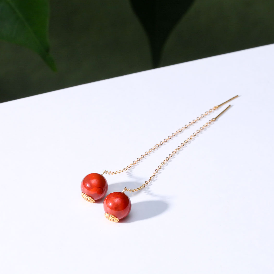 【意婵】《福灵》原矿18K金天然牛血红南红耳饰-915123