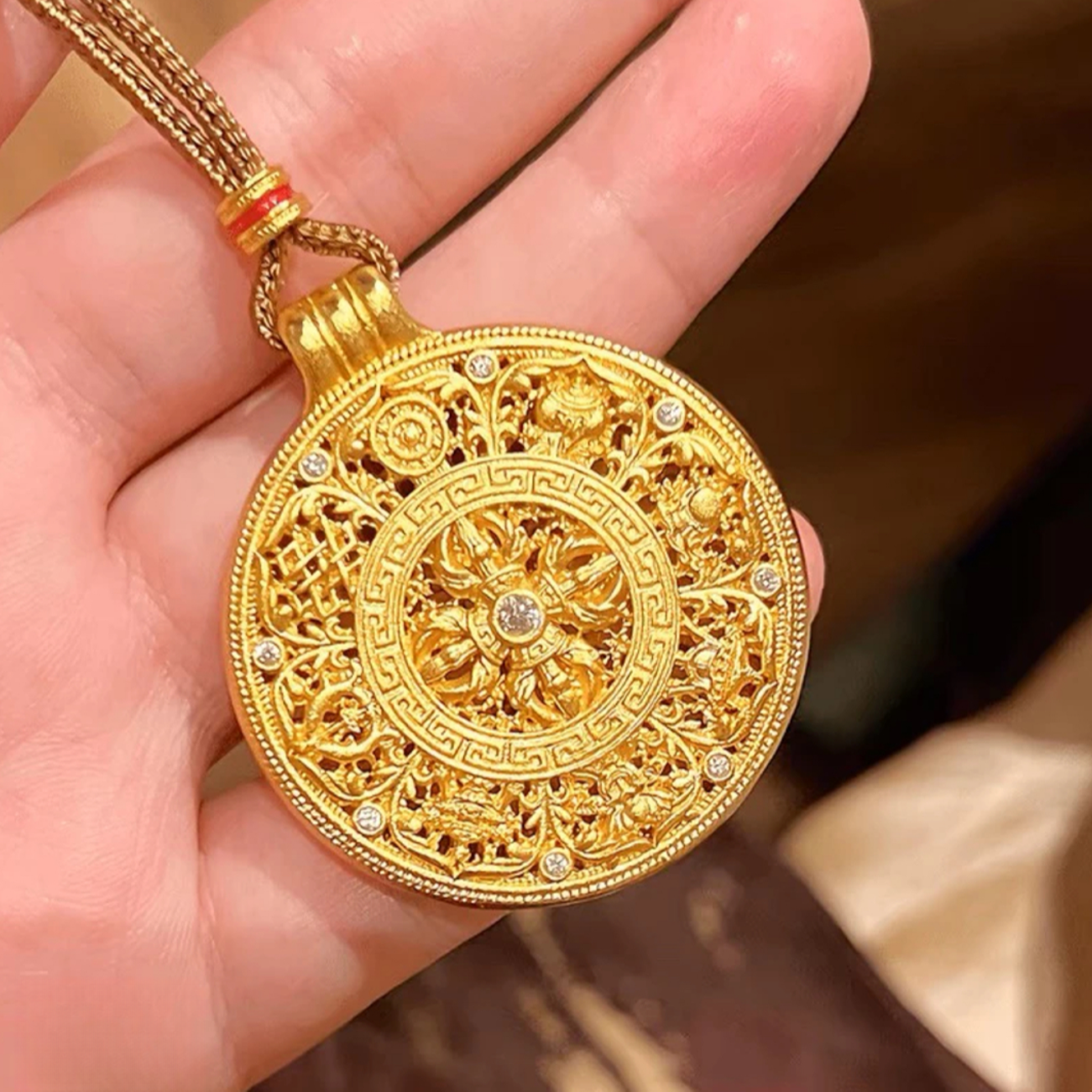 铜合金吊坠 新中式点钻福运金刚杵罗盘编绳项链