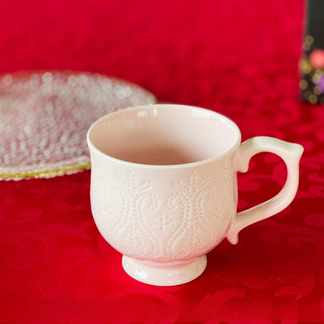 【FF家】300ML 嫩粉色手工马克杯 咖啡杯 奶杯 阴雕工艺 欧式宫廷风