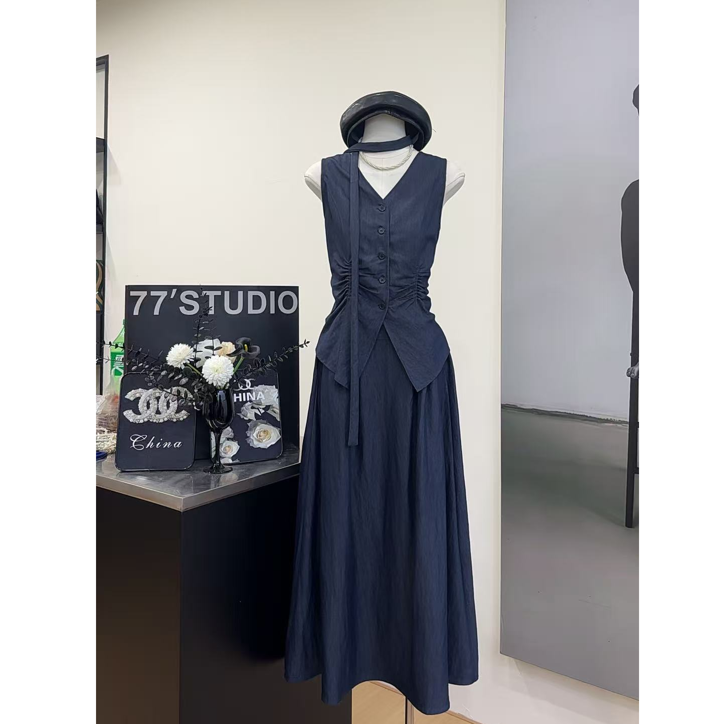 【达西庄园】高定老钱风V领无袖绑带背心+半身裙套装-9675