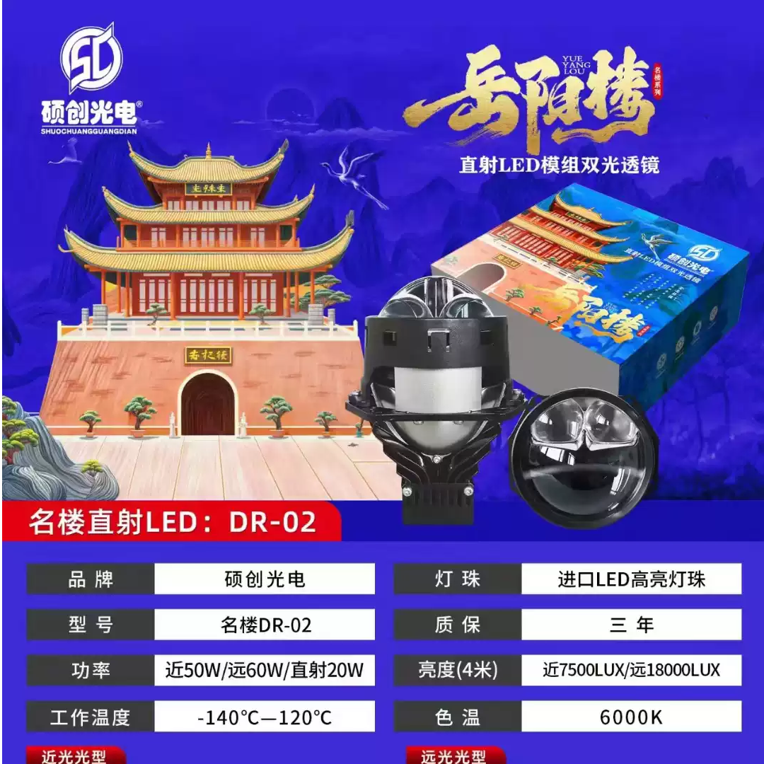 硕创光电岳阳楼直射DR02超亮LED双光透镜汽车大灯改装升级照明