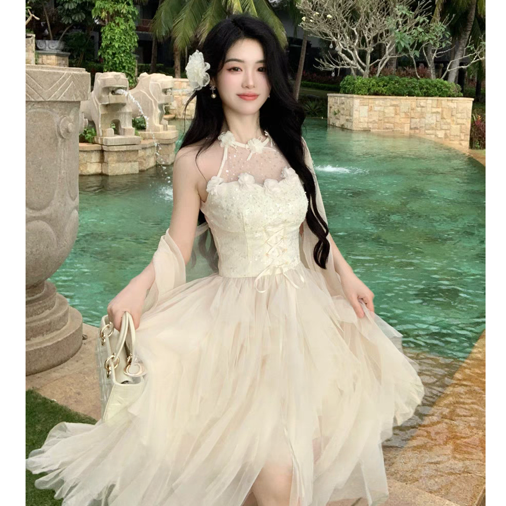 大码春季法式重工绣花亮片网纱浪漫多层网纱不规则摆连衣裙