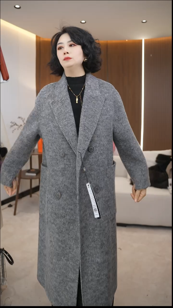 灰色长款双面毛呢外套