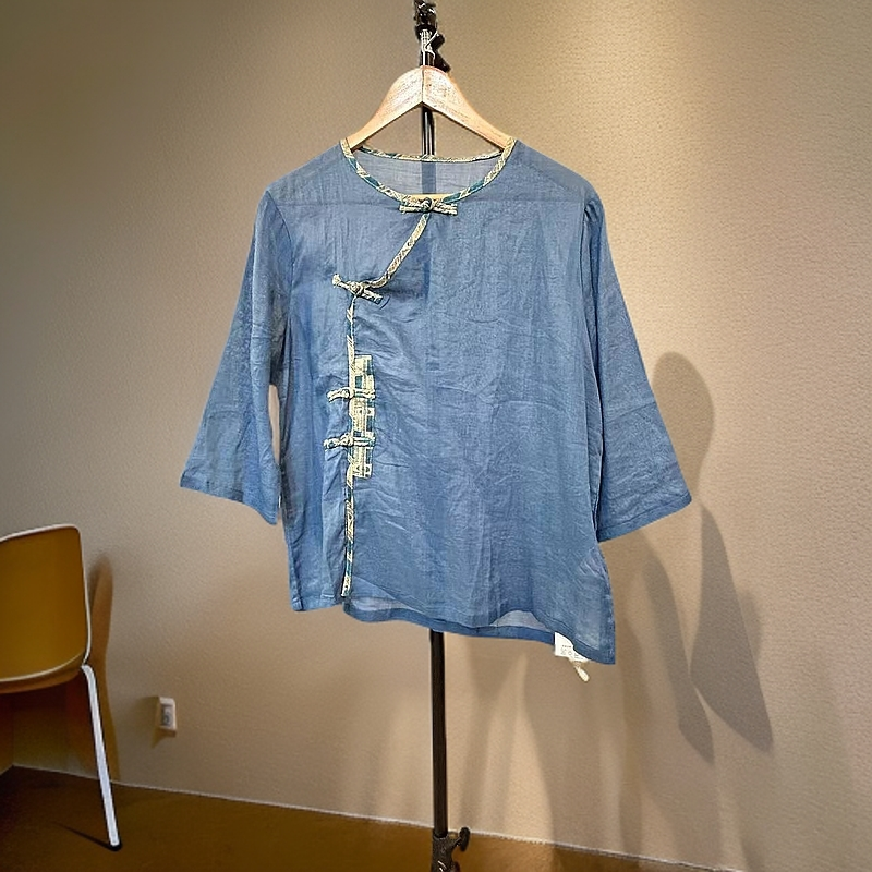 夏季新中式（衣长63.胸围114厘米）刺绣盘扣款苎麻中袖洋气小上衣