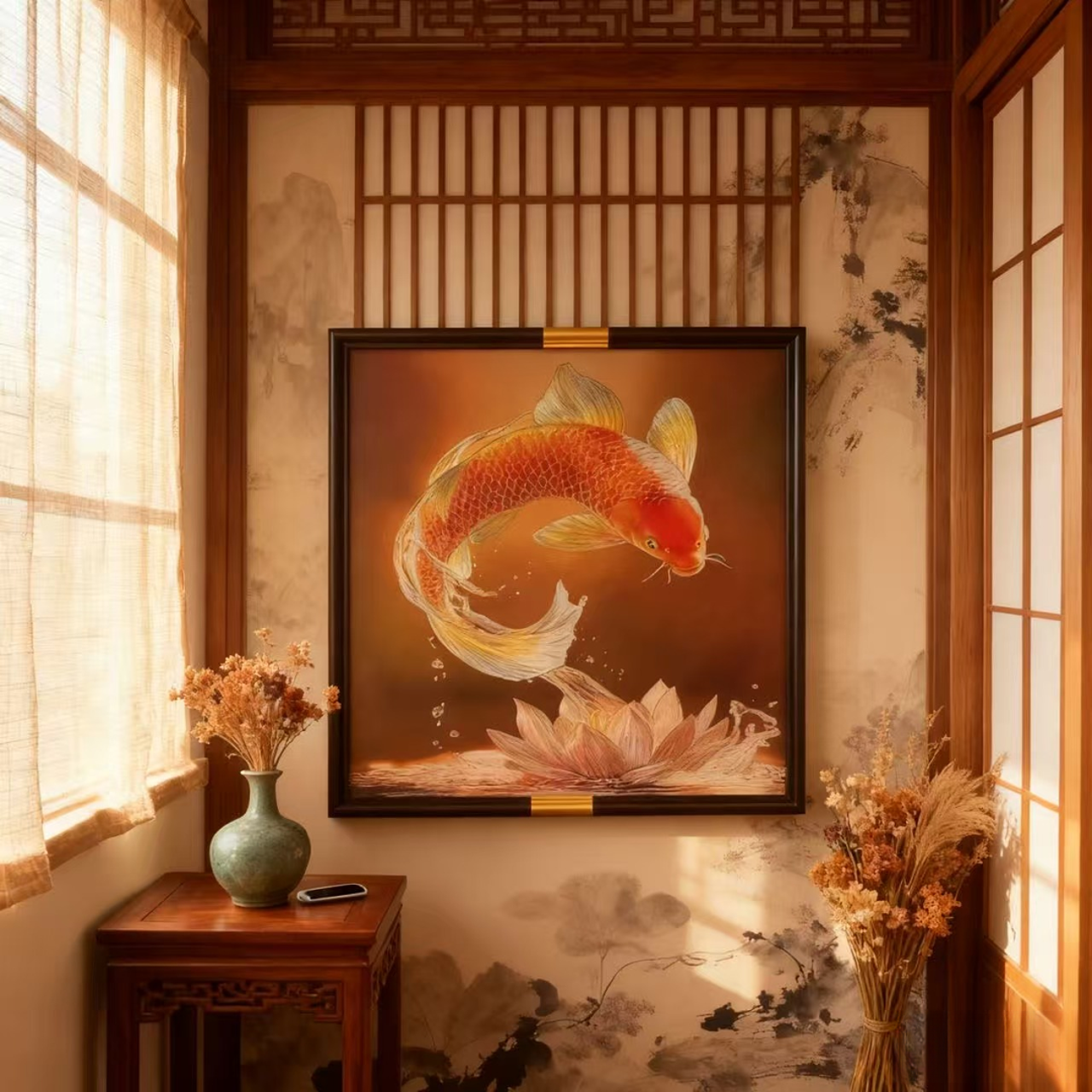 新中式金鱼皮革肌理立体玄关走廊客厅玄关装饰画金鱼