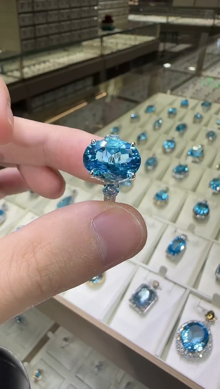 银S925镶嵌戒指托帕石10*14mm妖姬蓝高级款