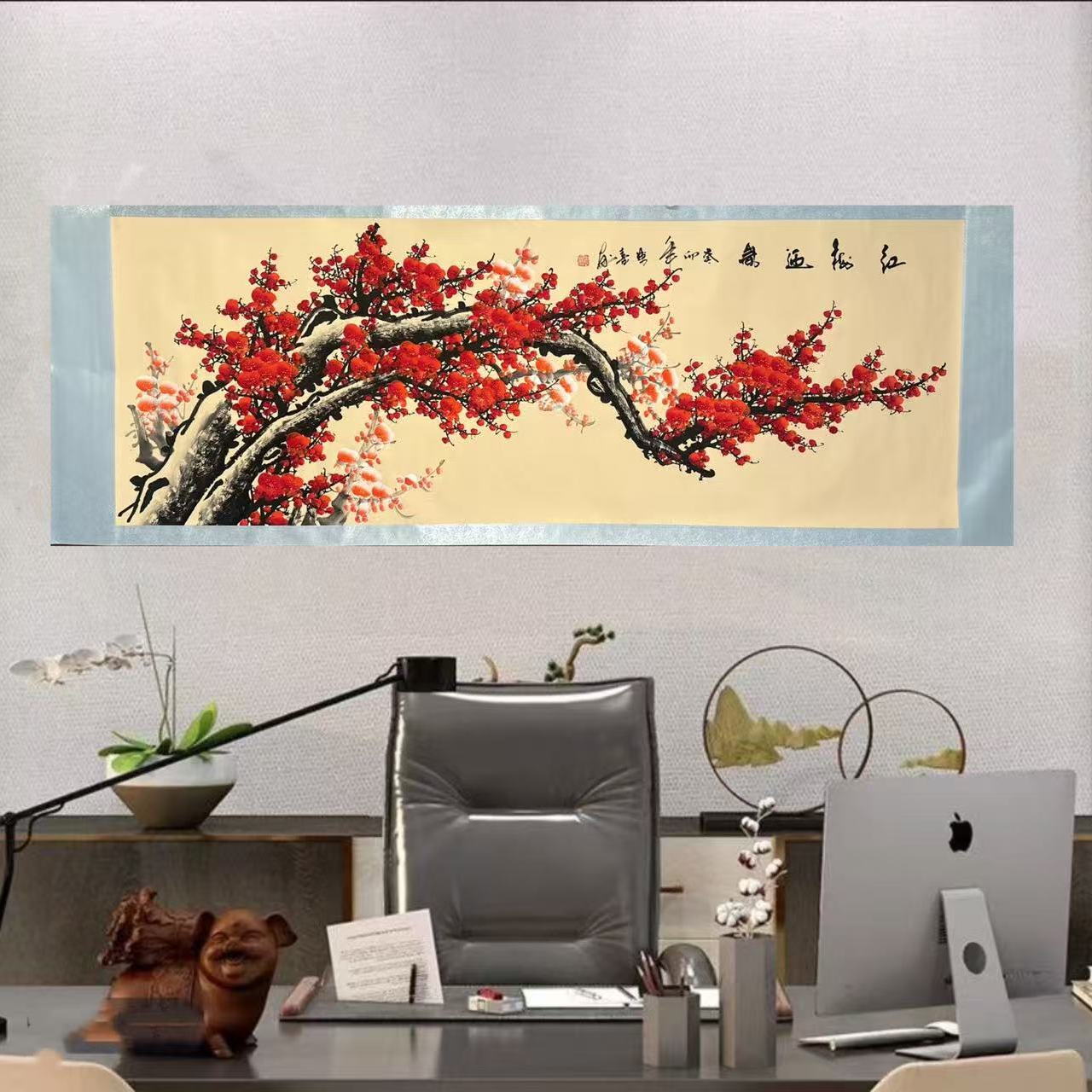 国画纯手画古低红梅横轴卷轴装裱260*100厘米