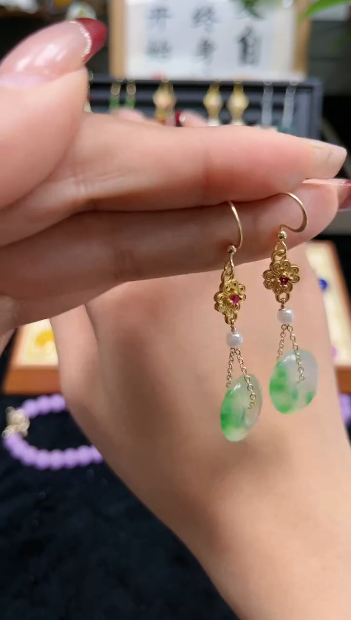 【闪购商品】石英质玉耳饰银S925镀金镶嵌907000