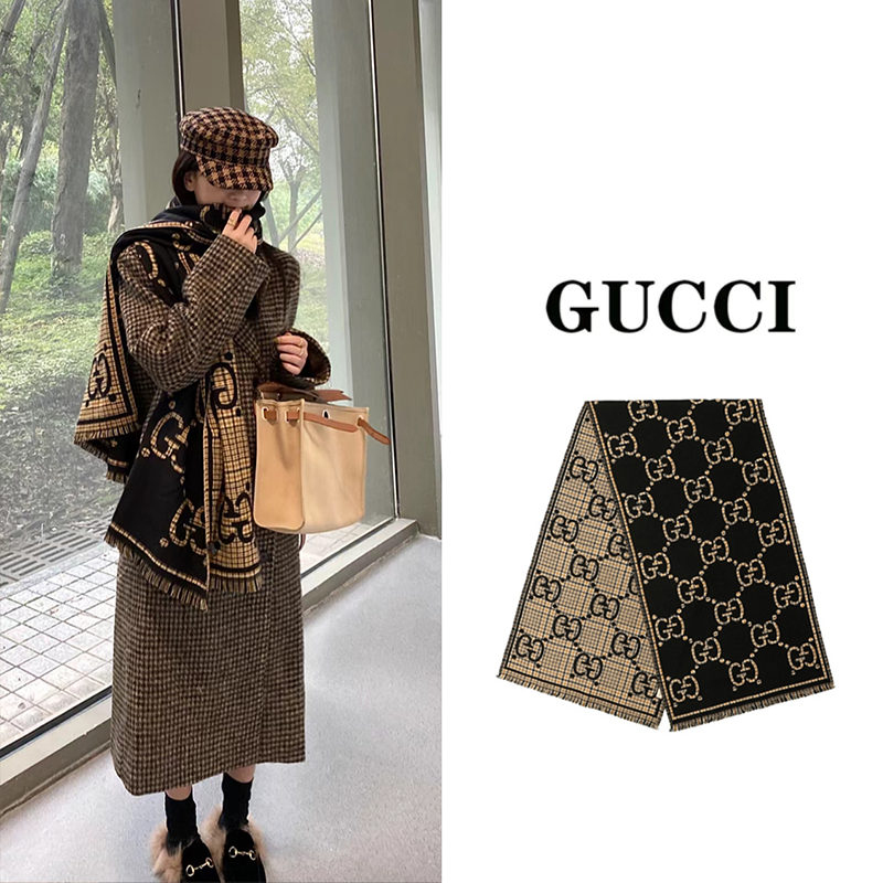 GUCCI古驰 经典双G格纹 羊毛 绒线围巾 女款