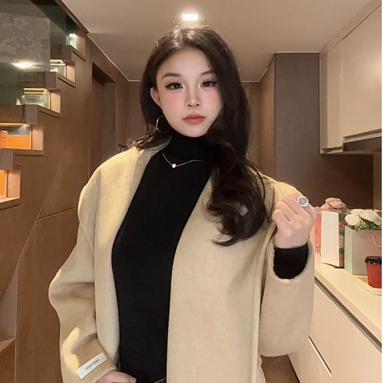 YDYR【都市超模】羊毛大翻领浴袍款秋冬长款毛呢外套