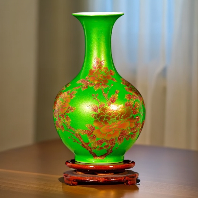（高23公分）景德镇陶瓷器绿色水晶釉金沙牡丹绿色赏瓶装饰品摆件