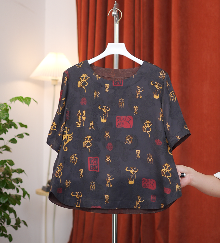 [象形文]高定中式短袖高定圆领真丝香云纱斜襟短袖百搭宽松显瘦女
