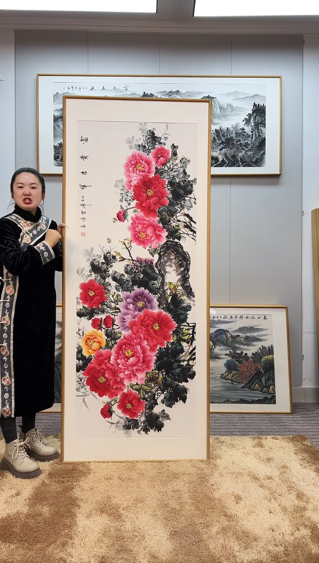 国画手绘牡丹202*82尺寸