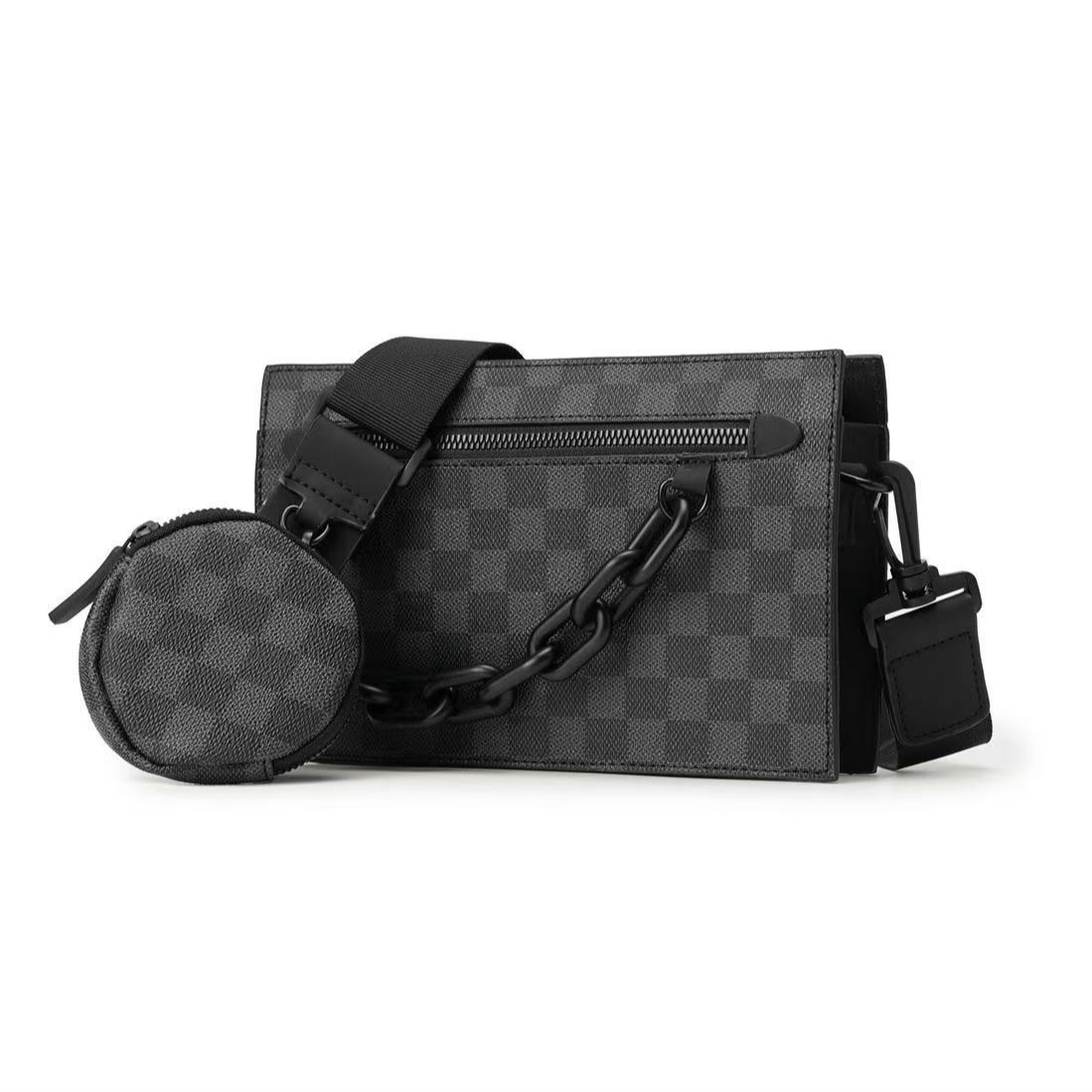 新款二合一男士新款小方包潮牌格纹子母包街头户外情侣斜挎包单肩