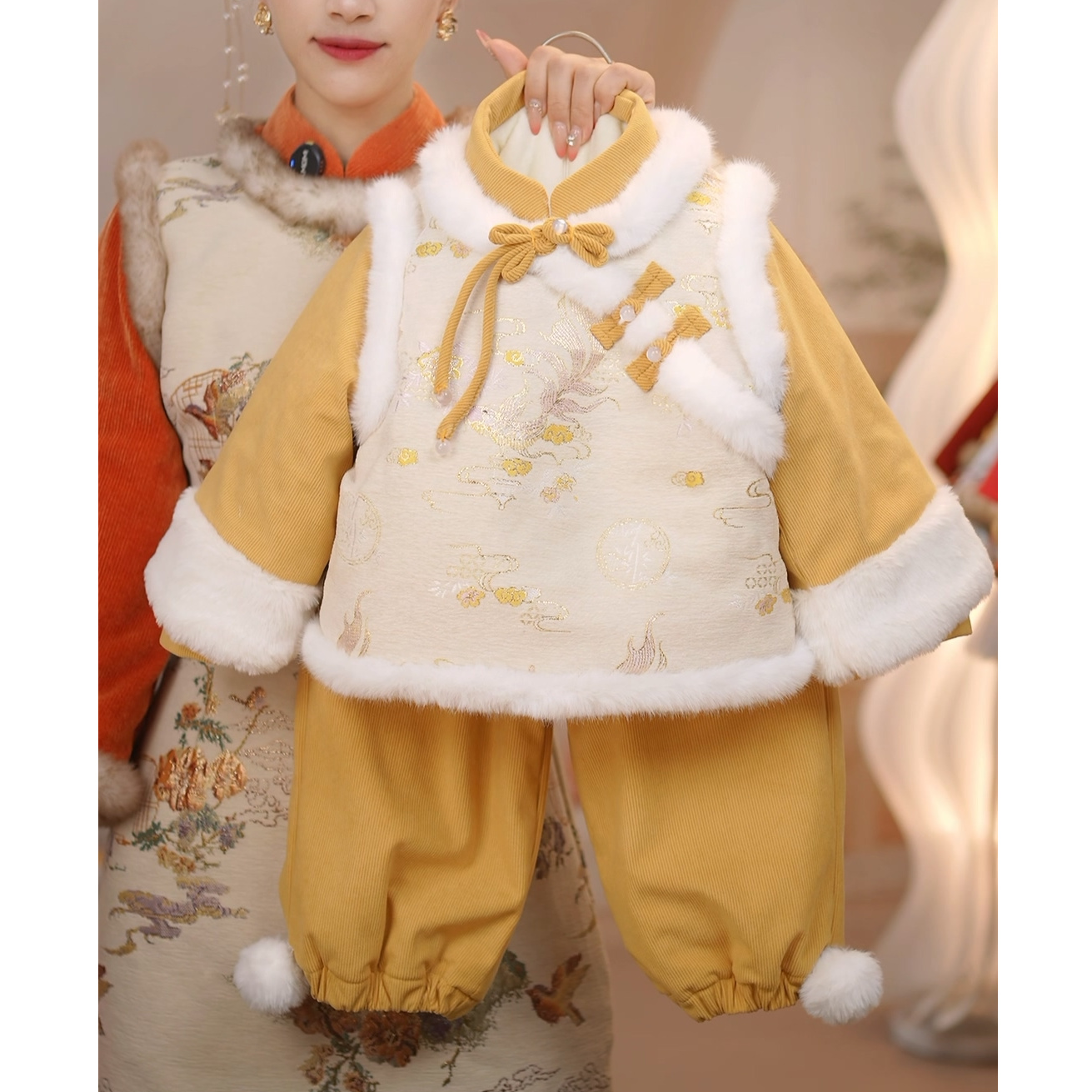 现货【金鱼套装】 加厚女童男童冬季加绒套装GF025国风拜年服冬周岁