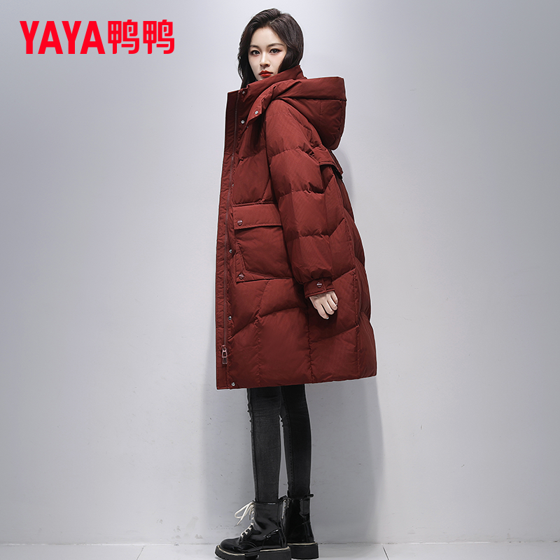 YAYA/鸭鸭中长款羽绒服女2025冬季新款黑色宽松简约加厚东北外套